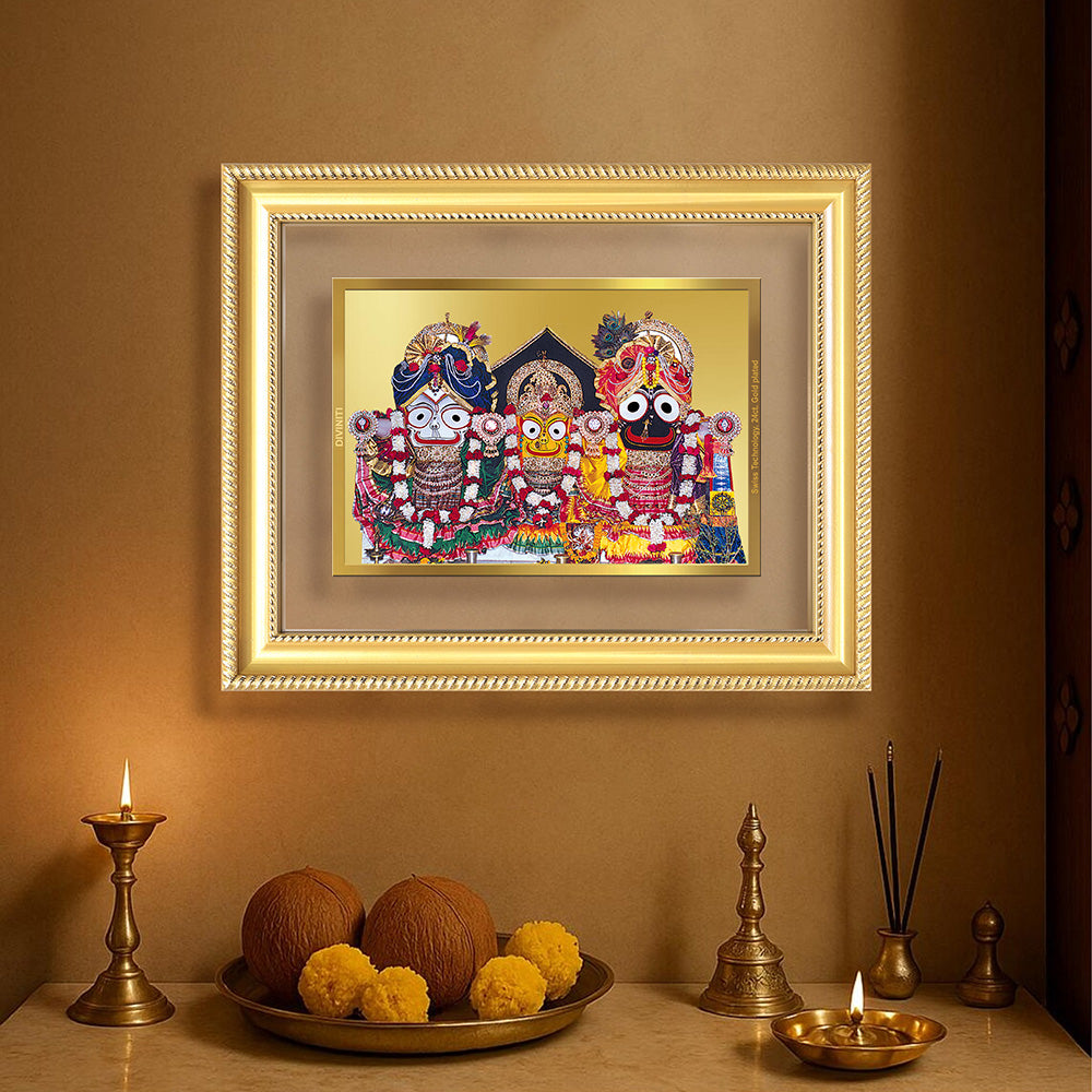 Diviniti 24K Gold Plated Jagannath Subhadra Balabhadra (Classic) Divine Wall Frame for Home Mandir & Office Decor | Luxury Spiritual Gift