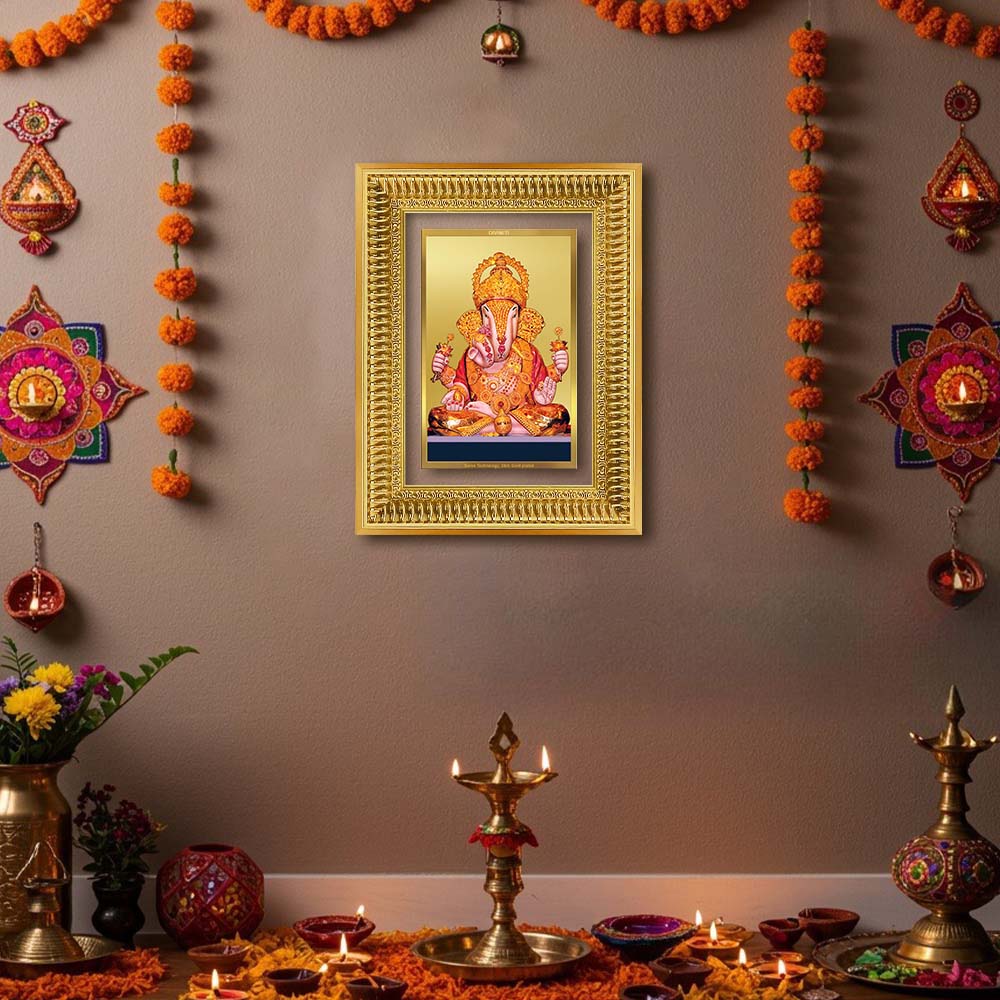 Diviniti 24K Gold Plated Dagadu Ganesha (Classic) Divine Wall Frame for Home Mandir & Office Decor | Luxury Spiritual Gift