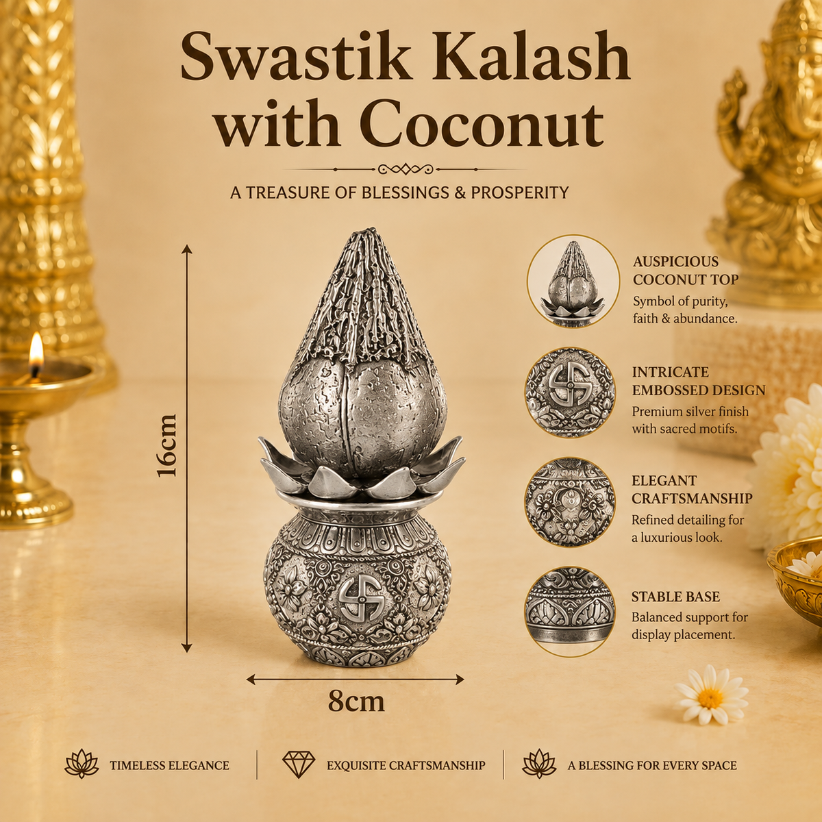 999 Silver-Plated Antique Lakshmi Kalash with Coconut | Gift Box | 16x8 CM
