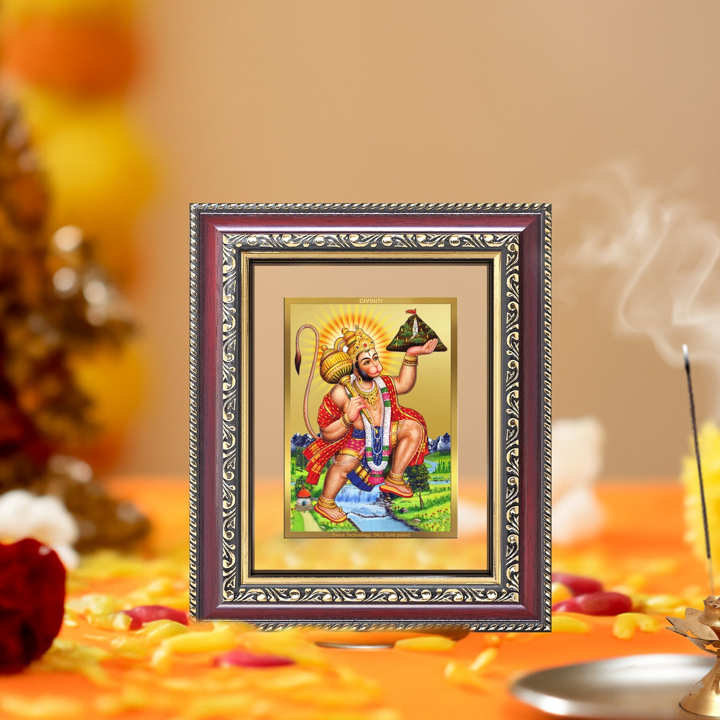 Diviniti 24K Gold Plated Hanuman With Mountain (Classic) Divine Table Top Frame for Home Mandir & Office Decor | Luxury Spiritual Gift