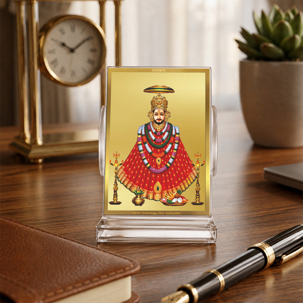 24K Gold-Plated Khatu Shyam Ji Acrylic Car Dashboard Frame | 11x7 CM