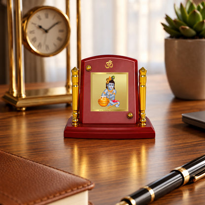 24K Gold-Plated Bal Gopal MDF Car Dashboard Frame | 7.5x9 CM