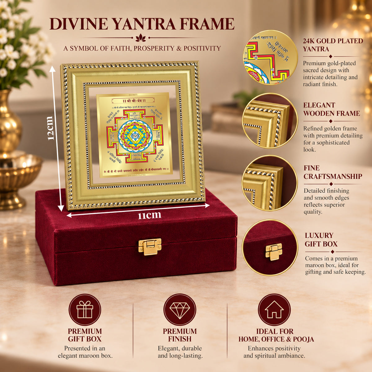 24K Gold-Plated Shree Yantra Frame | Premium Gift Box | 12x11 CM