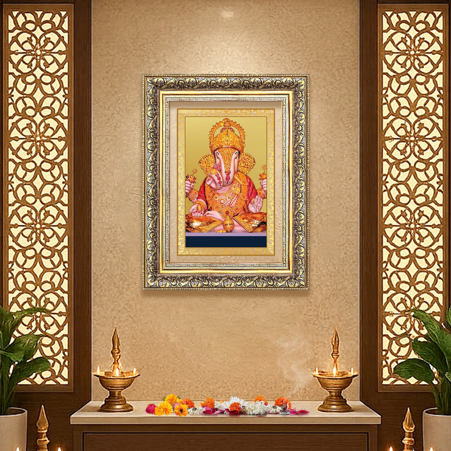 Diviniti 24K Gold Plated Dagadu Ganesha (Classic) Divine Wall Frame for Home Mandir & Office Decor | Luxury Spiritual Gift