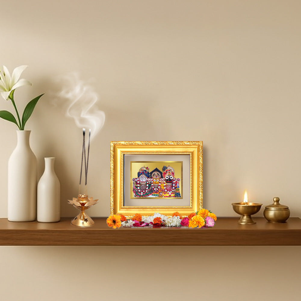 Diviniti 24K Gold Plated Jagannath Subhadra Balabhadra |Divine Table Top Frame for Home Mandir & Office Decor | Luxury Spiritual Gift