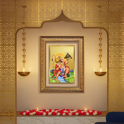 Diviniti 24K Gold Plated Hanuman With Mountain (Classic) Divine Wall Frame for Home Mandir & Office Decor | Luxury Spiritual Gift