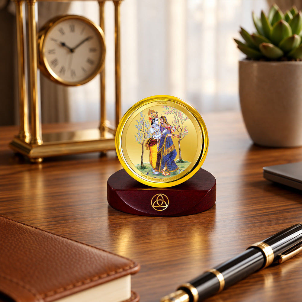 24K Gold-Plated Radha Krishna With Peacock Car Dashboard Frame | 5x5 CM