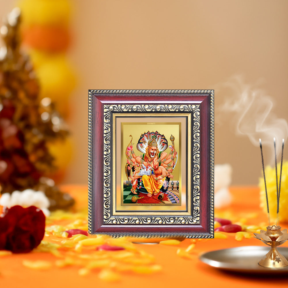Diviniti 24K Gold Plated Narasimha (Classic) Divine Table Top Frame for Home Mandir & Office Decor | Luxury Spiritual Gift