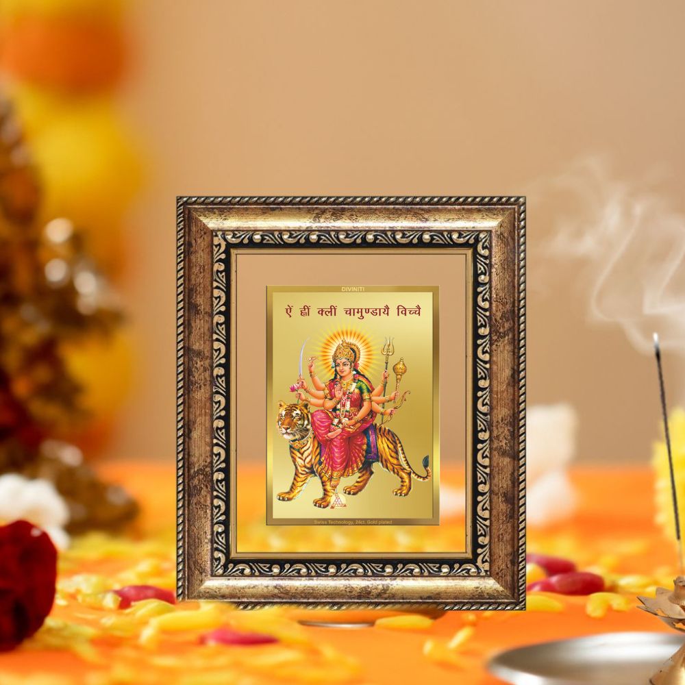 Diviniti 24K Gold Plated Durga With Mantra Divine Table Top Frame for Home Mandir & Office Decor | Luxury Spiritual Gift
