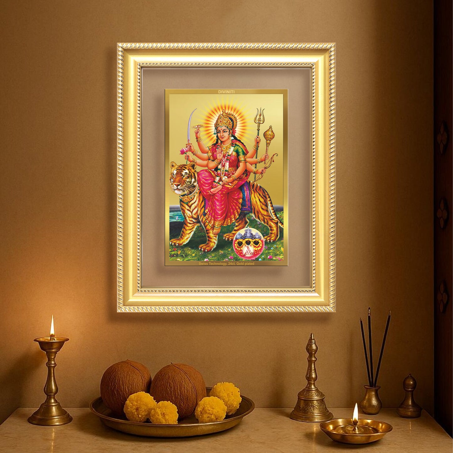 Diviniti 24K Gold Plated Durga - Sherawali Mata With Pind (Classic) Divine Wall Frame for Home Mandir & Office Decor | Luxury Spiritual Gift