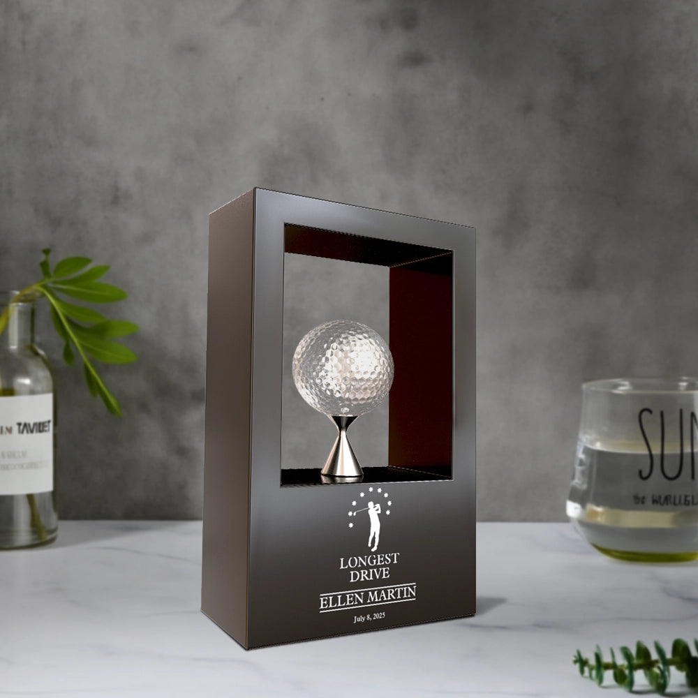Personalized Premium Longest Drive Golf Trophy | Custom Engraved Achievement Award with Silver Golf Ball Display