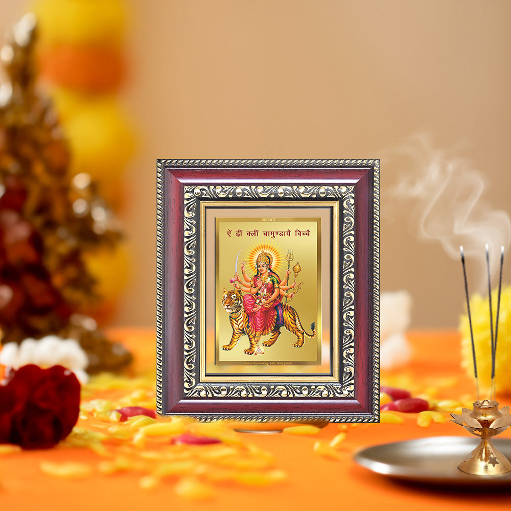 Diviniti 24K Gold Plated Durga With Mantra (Classic) Divine Table Top Frame for Home Mandir & Office Decor | Luxury Spiritual Gift
