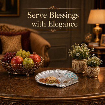 Diviniti Peacock German Silver Dry Fruit Bowl with Gift Box displayed on drawing room table