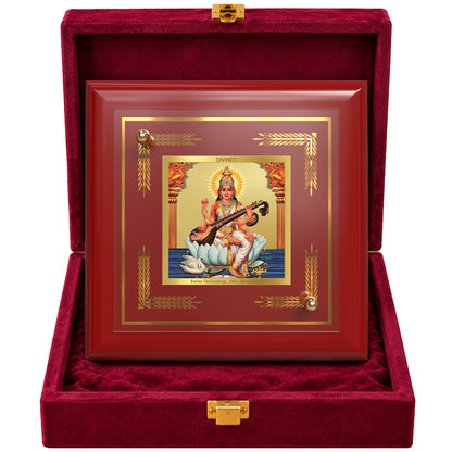 24K Gold-Plated Goddess Saraswati MDF Frame | Premium Gift Box | 10x10 CM