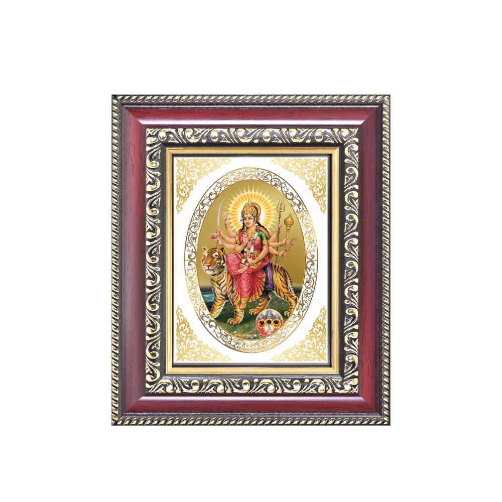 Diviniti 24K Gold Plated Durga - Sherawali Mata With Pind |Divine Table Top Royal Photo Frame for Home Mandir & Office Decor | Luxury Spiritual Gift