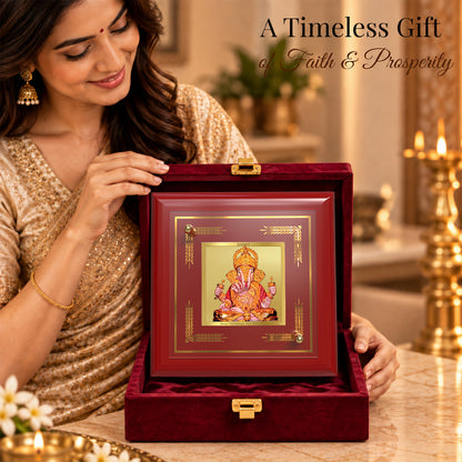 24K Gold-Plated Dagdu Ganesha MDF Frame | Premium Gift Box | 10x10 CM