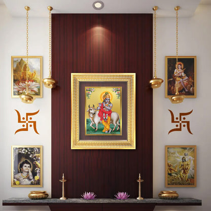 Diviniti 24K Gold Plated Krishna With Surbhi Cow (Classic) Divine Wall Frame for Home Mandir & Office Decor | Luxury Spiritual Gift