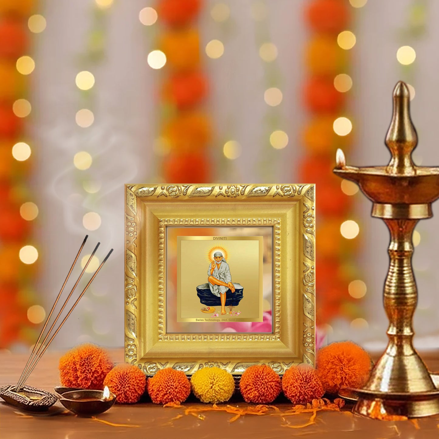 Diviniti Sai Baba of Shirdi Tabletop Photo Frame in 24K Gold Plated Foil | Faith, Peace & Divine Blessings | DG103S1A (10x10 CM)
