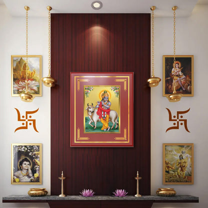 Lord Krishna with Surbhi Cow | Divine Wall Mount Photo Frame in 24K Gold Plated Foil