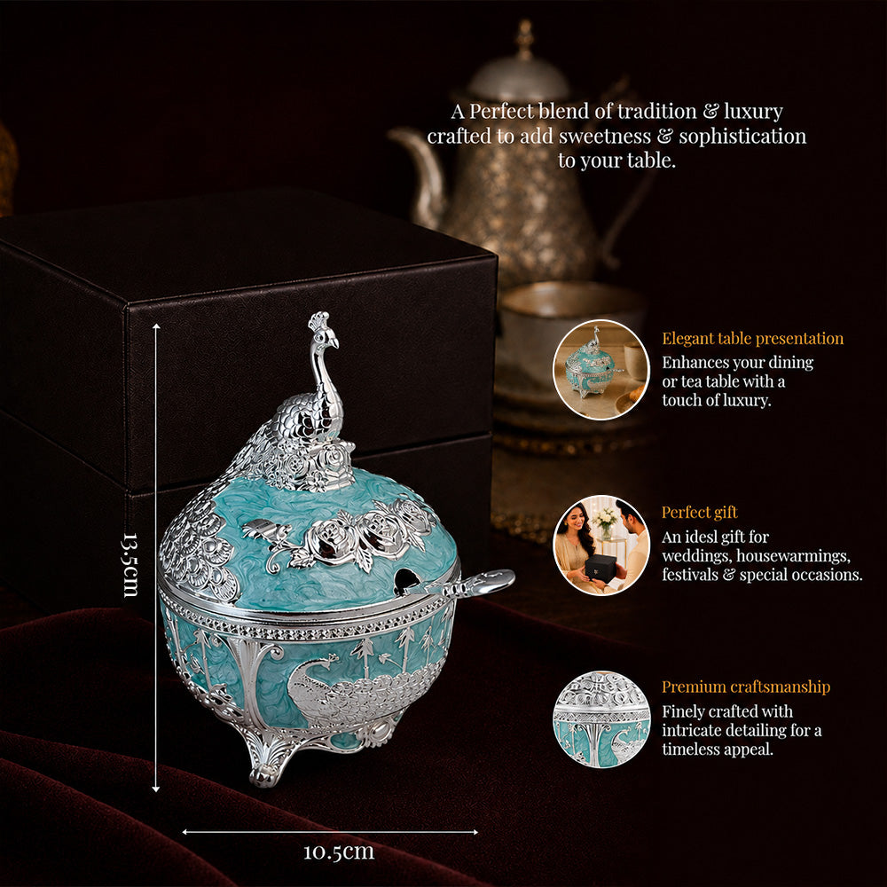 Diviniti Luxury Silver-Plated Peacock Sugar Bowl | Turquoise Lidded Serving Pot for Festive & Wedding Gifting