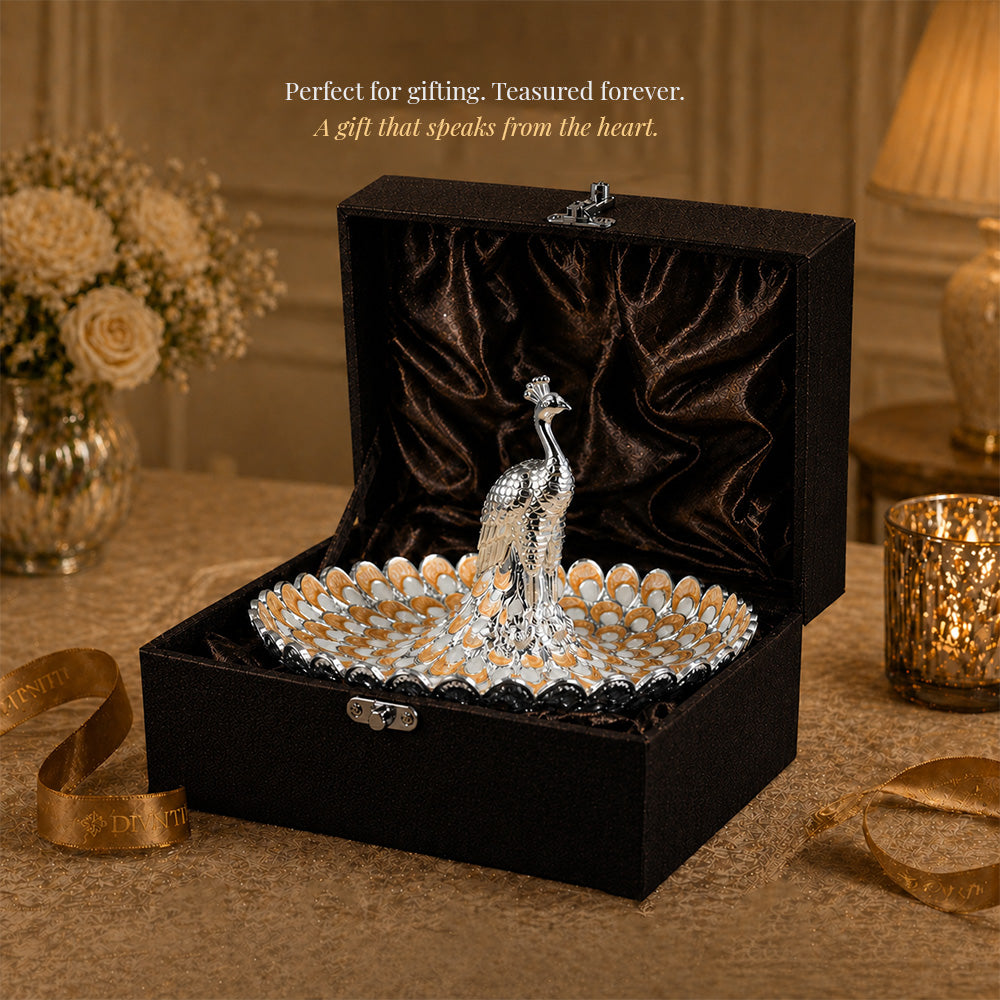 Diviniti Amber Peacock German Silver Platter in elegant gift box, perfect for gifting and treasured forever.