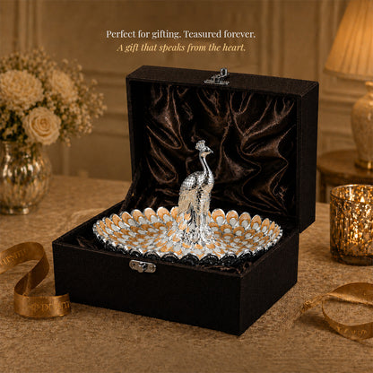 Diviniti Amber Peacock German Silver Platter in elegant gift box, perfect for gifting and treasured forever.