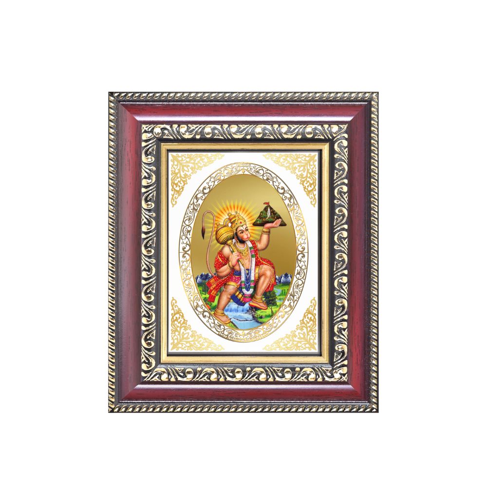 Lord Hanuman with Sanjeevani Mountain Divine Strength & Protection Royal Tabletop Frame in 24K Gold Plated Foil
