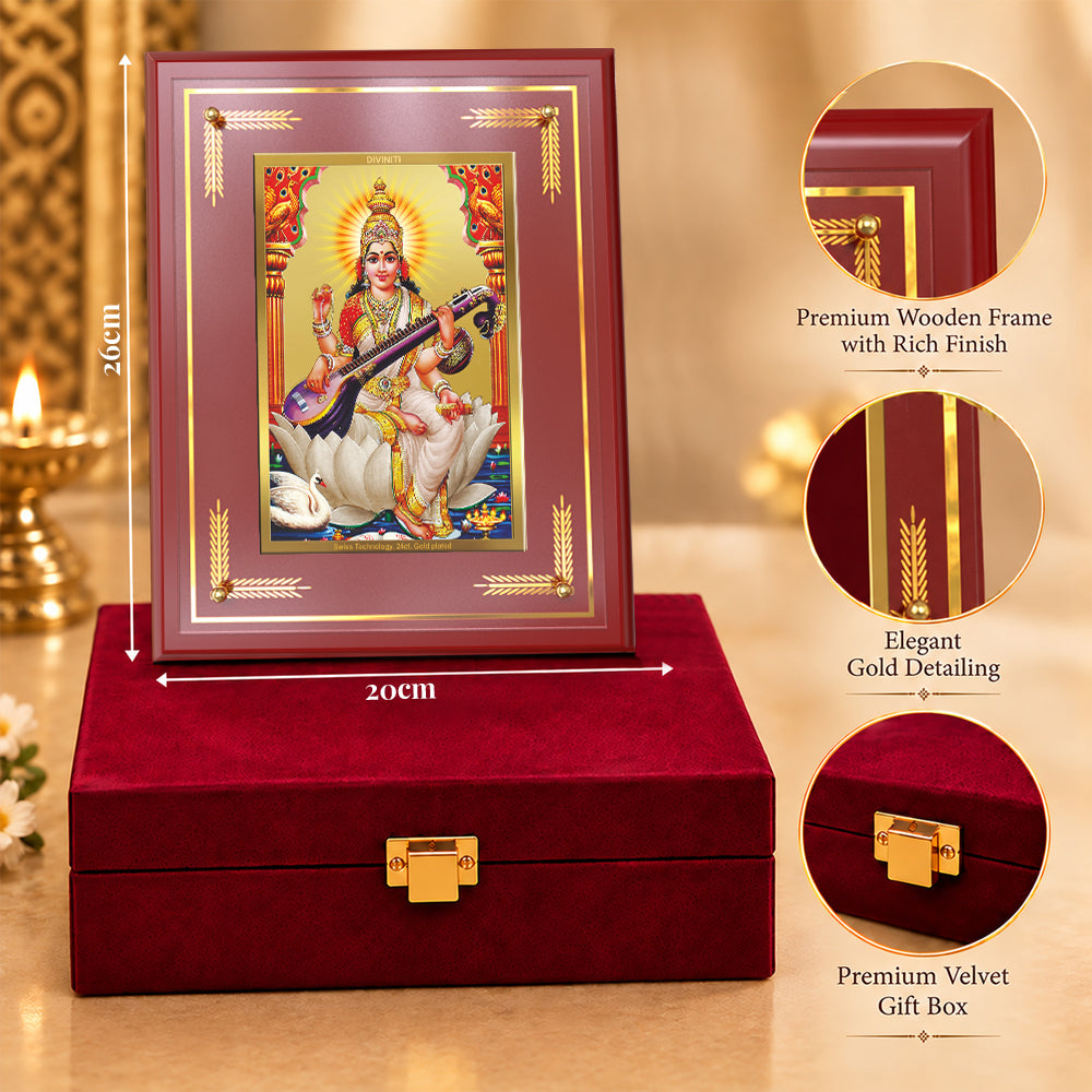 24K Gold-Plated Saraswati MDF Frame | Premium Gift Box | 26x20 CM