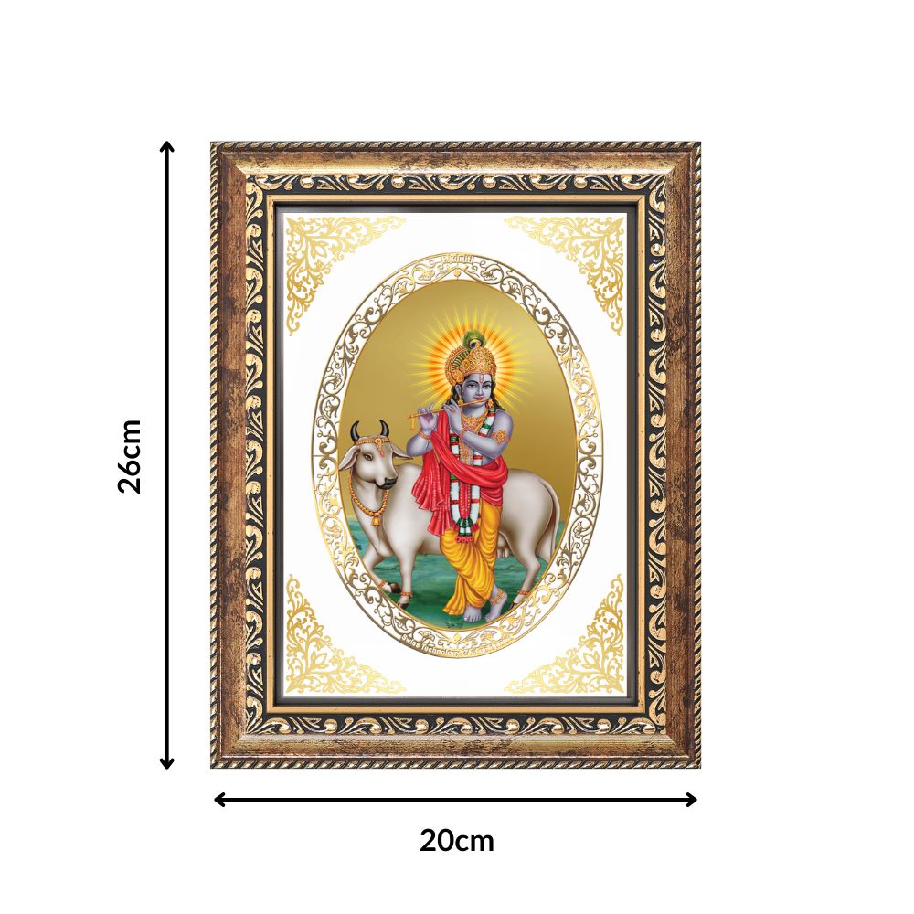 Lord Krishna with Cow | Divine Wall & Tabletop Royal Photo Frame in 24K Gold Plated Foil