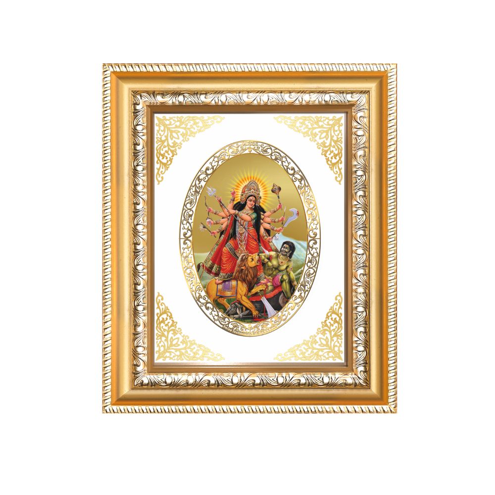 Goddess Durga Mahishasura Mardini Divine Shakti & Victory Sacred Royal Tabletop Frame in 24K Gold Plated Foil