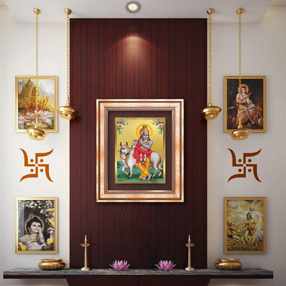 Diviniti 24K Gold Plated Krishna With Surbhi Cow (Classic) Divine Wall Frame for Home Mandir & Office Decor | Luxury Spiritual Gift