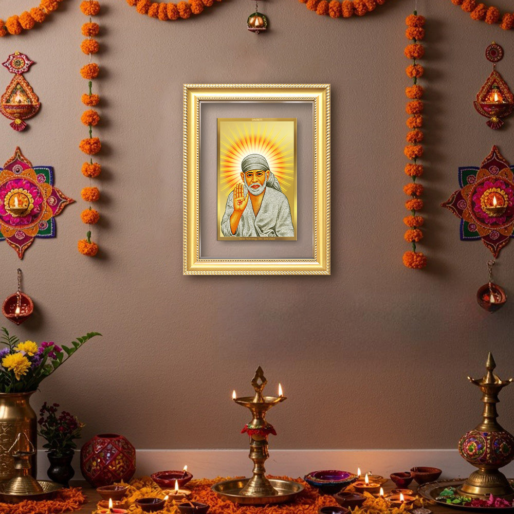 Diviniti 24K Gold Plated Sai Baba With Blessings (Classic) Divine Wall Frame for Home Mandir & Office Decor | Luxury Spiritual Gift