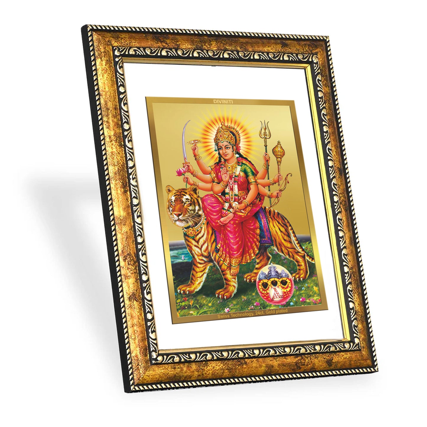 DIVINITI 24K Gold Plated Foil Durga Wall Photo Frame for Home Decor, Wall Hanging, Table Top, Puja Room & Gift DG113S3 (27.6X35.4 CM)