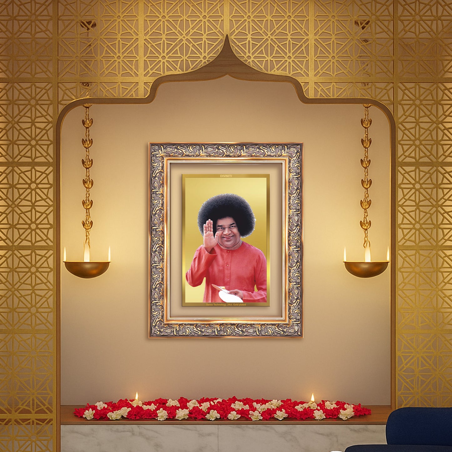 Diviniti 24K Gold Plated Satya Sai Baba (Classic) Divine Wall Frame for Home Mandir & Office Decor | Luxury Spiritual Gift