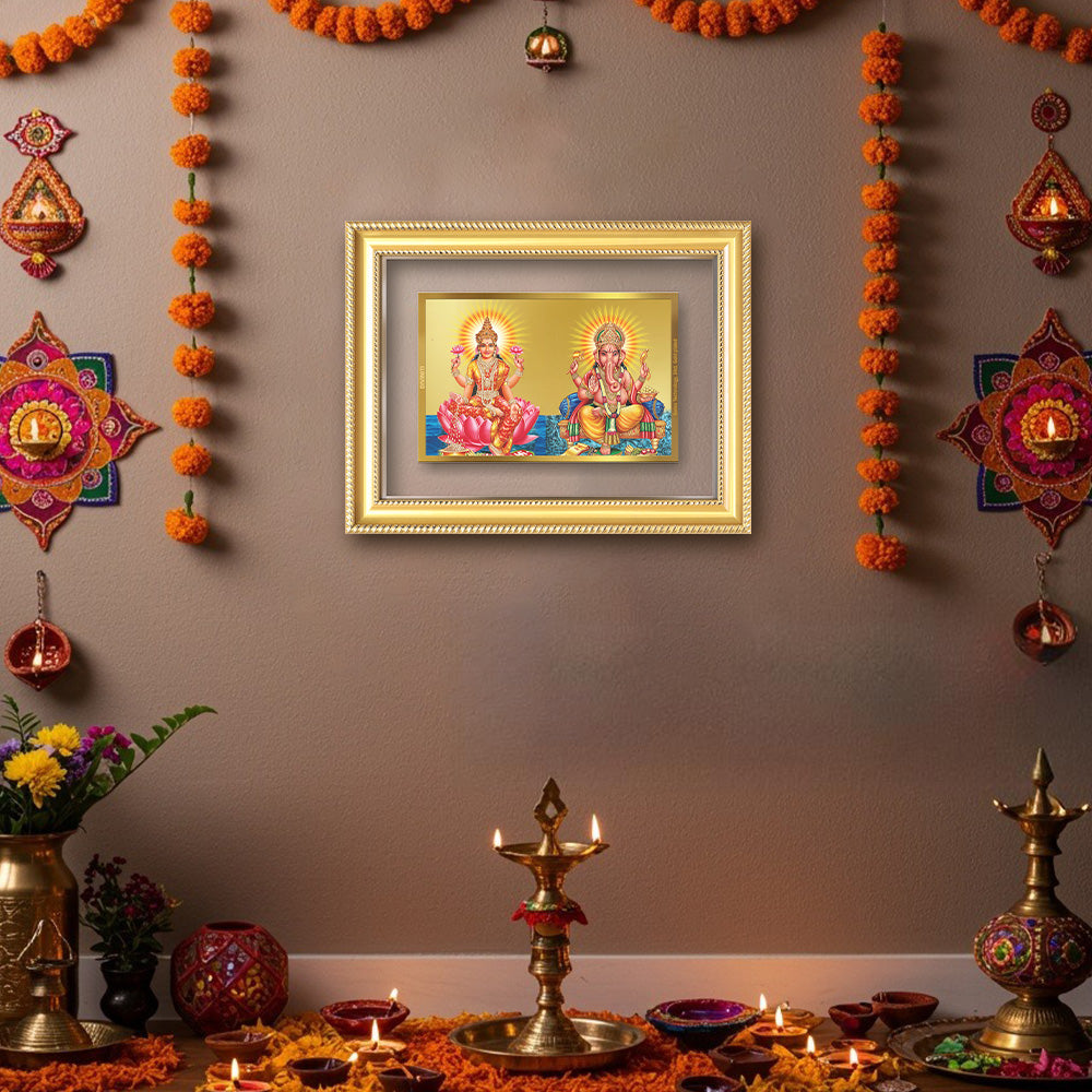 Diviniti 24K Gold Plated Lakshmi Ganesha (Classic) Divine Wall Frame for Home Mandir & Office Decor | Luxury Spiritual Gift