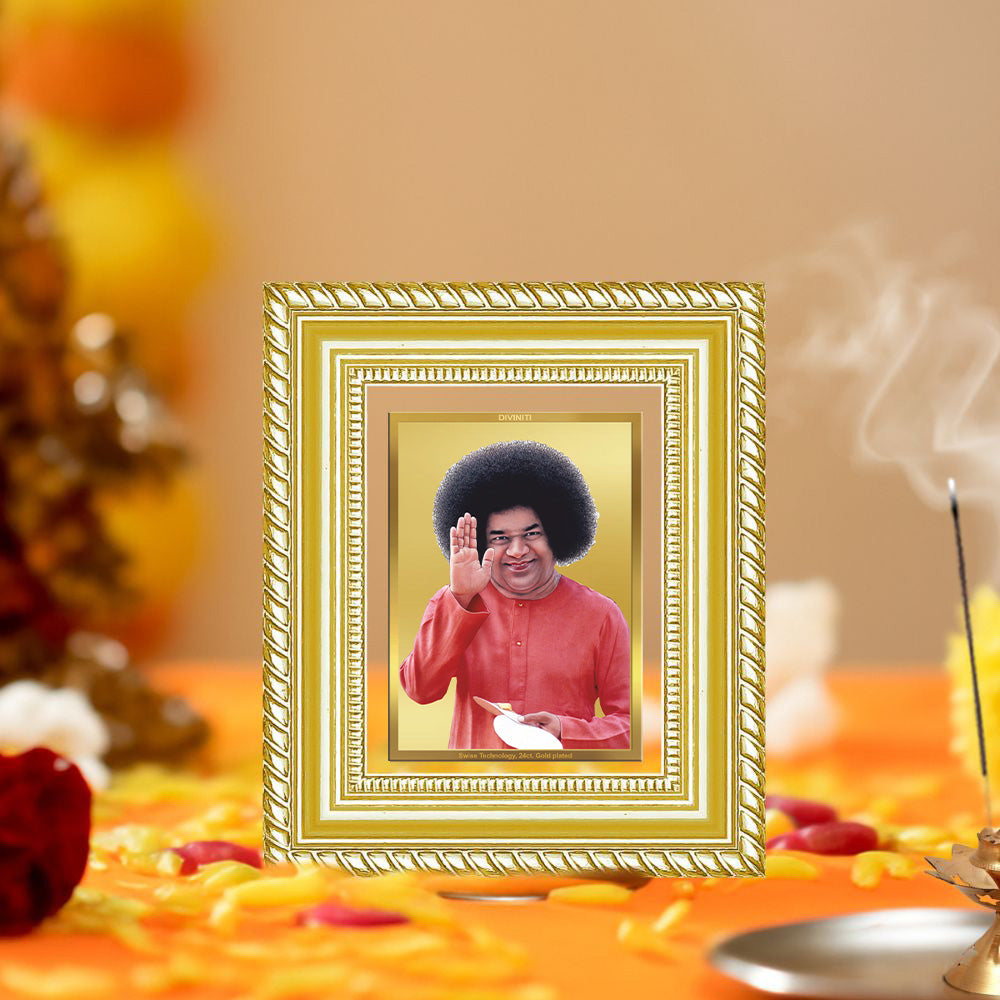 Diviniti 24K Gold Plated Satya Sai Baba Divine Table Top Frame for Home Mandir & Office Decor | Luxury Spiritual Gift