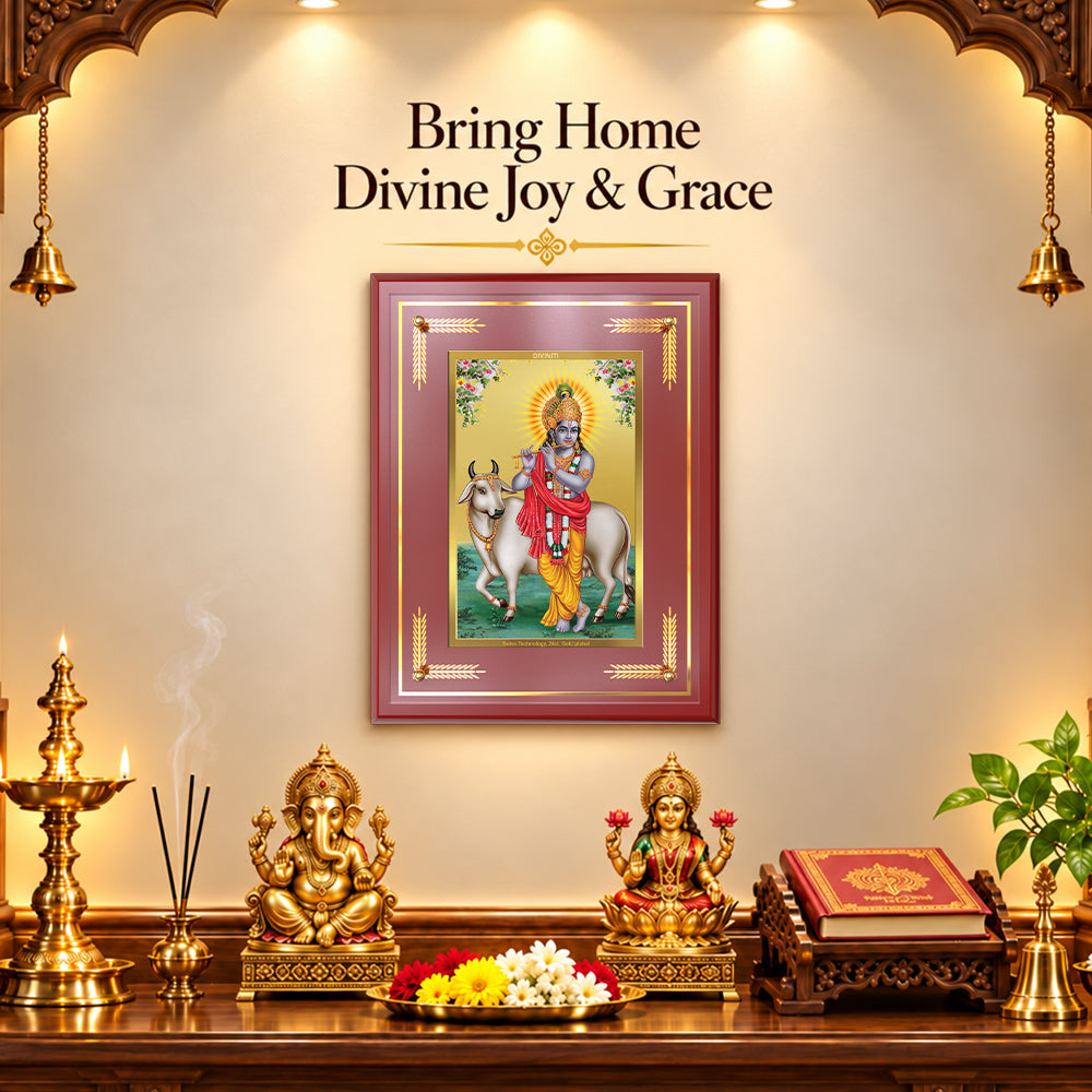 24K Gold-Plated Lord Krishna with Surbhi Cow MDF Frame | Premium Gift Box | 27x35 CM