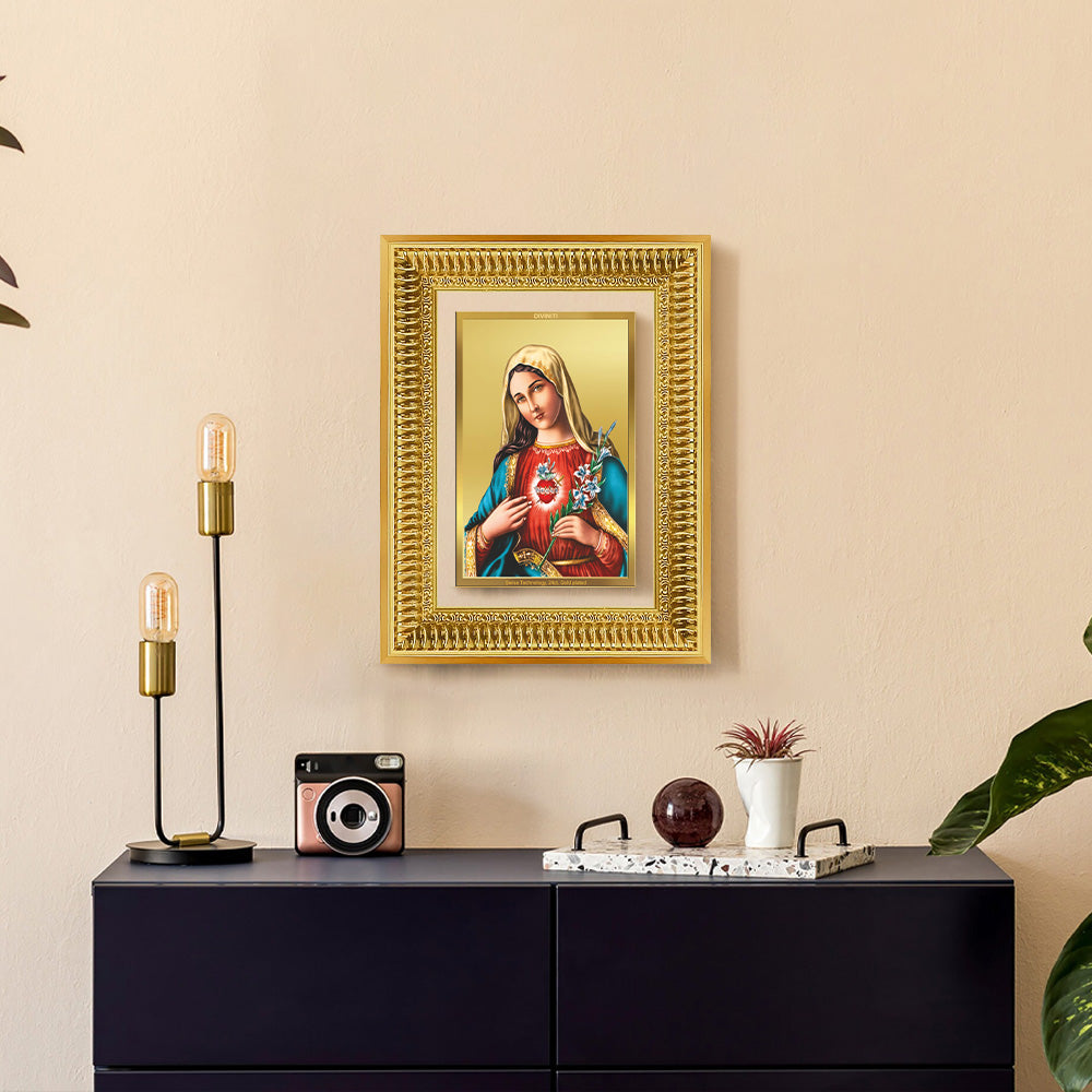 Diviniti 24K Gold Plated Mother Mary (Classic) Divine Wall Frame for Home Mandir & Office Decor | Luxury Spiritual Gift