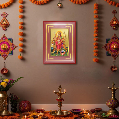 Diviniti 24K Gold Plated Durga Sherawali Mata with Pind Wall Hanging Photo Frame | Strength, Protection & Divine Grace