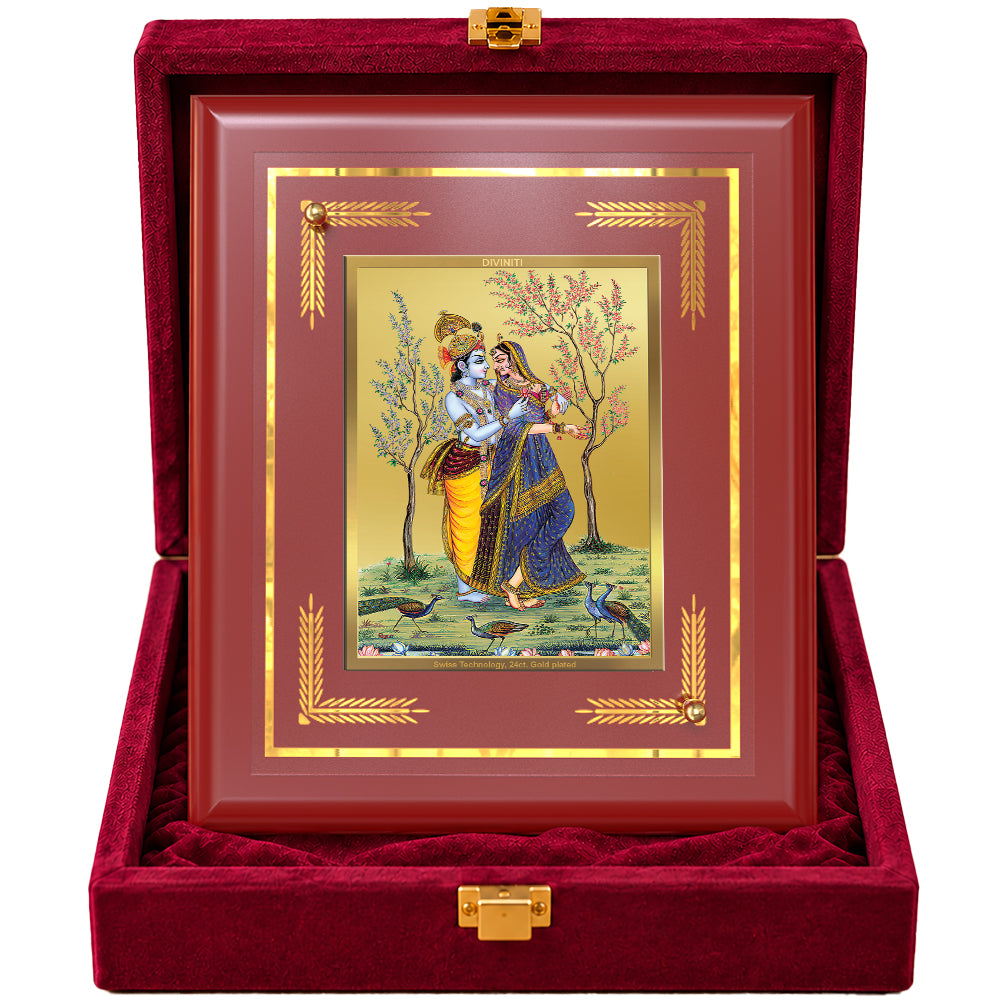 24K Gold-Plated Radha Krishna with Peacock MDF Frame | Premium Gift Box | 13.5x16 CM