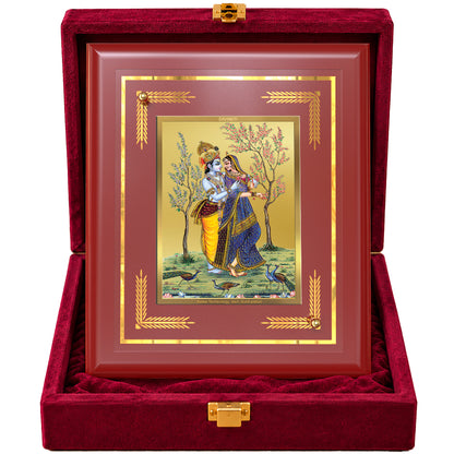 24K Gold-Plated Radha Krishna with Peacock MDF Frame | Premium Gift Box | 13.5x16 CM