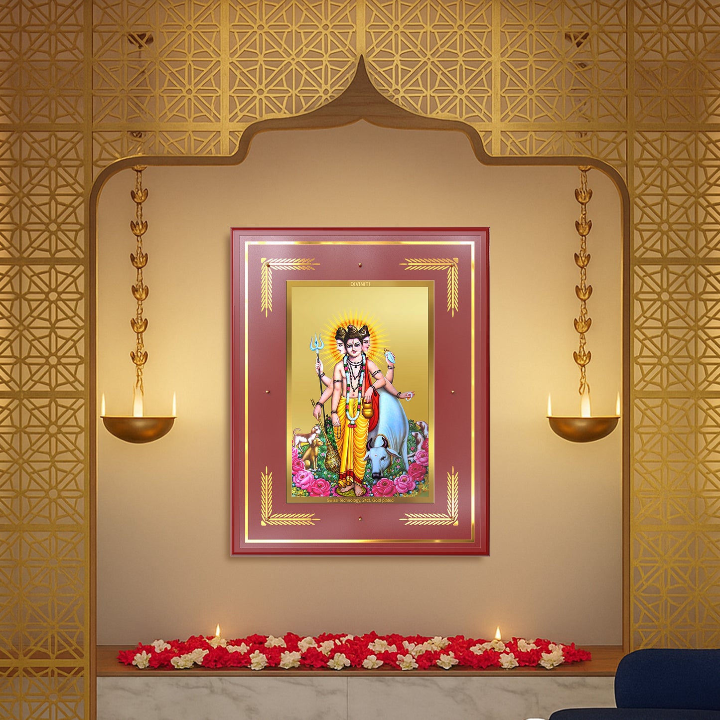 Dattatreya with Kamadhenu | Shri Dattatreya Wall Mount Photo Frame in 24K Gold Plated Foil