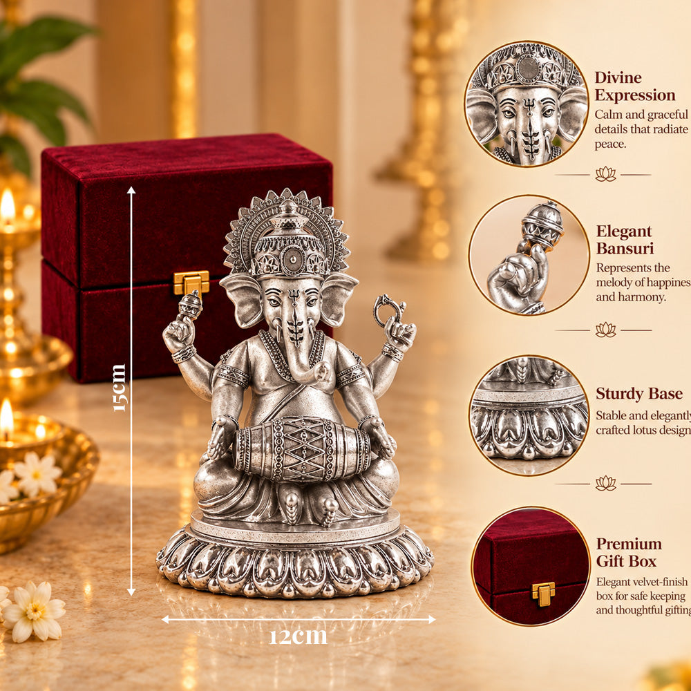 999 Silver-Plated Antique Dholak Ganesha Idol | Premium Gift Box | 15x12 CM