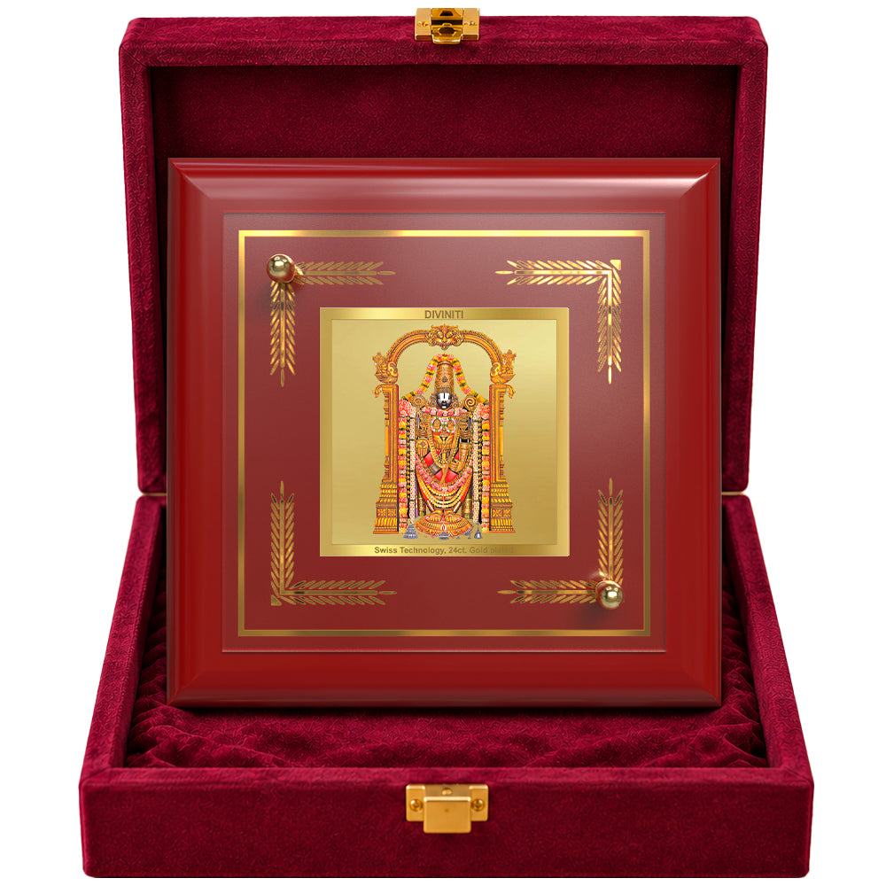 24K Gold-Plated Lord Tirupati Balaji MDF Frame | Premium Gift Box | 10x10 CM