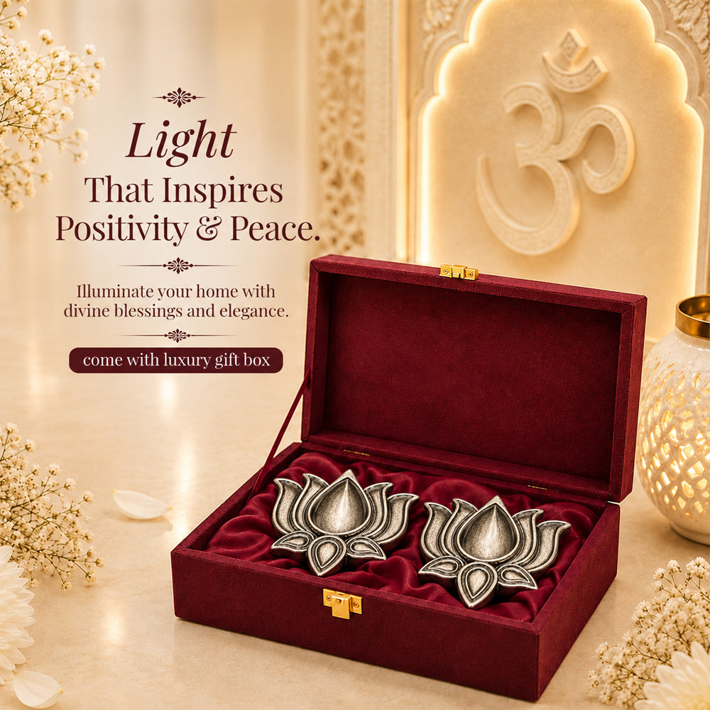 999 Silver-Plated Antique Lotus Diya Pair | Premium Gift Box | 8x8 CM