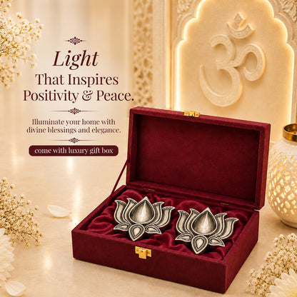 999 Silver-Plated Antique Lotus Diya Pair | Premium Gift Box | 8x8 CM