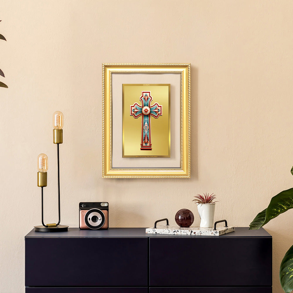 Diviniti 24K Gold Plated Holy Cross (Classic) Divine Wall Frame for Home Mandir & Office Decor | Luxury Spiritual Gift