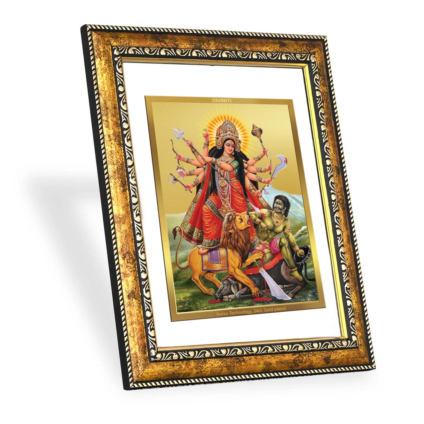 DIVINITI 24K Gold Plated Goddess Durga Wall Photo Frame for Home Decor, Wall Hanging, Table Top, Puja Room & Gift DG113S3 (27.6X35.4 CM)