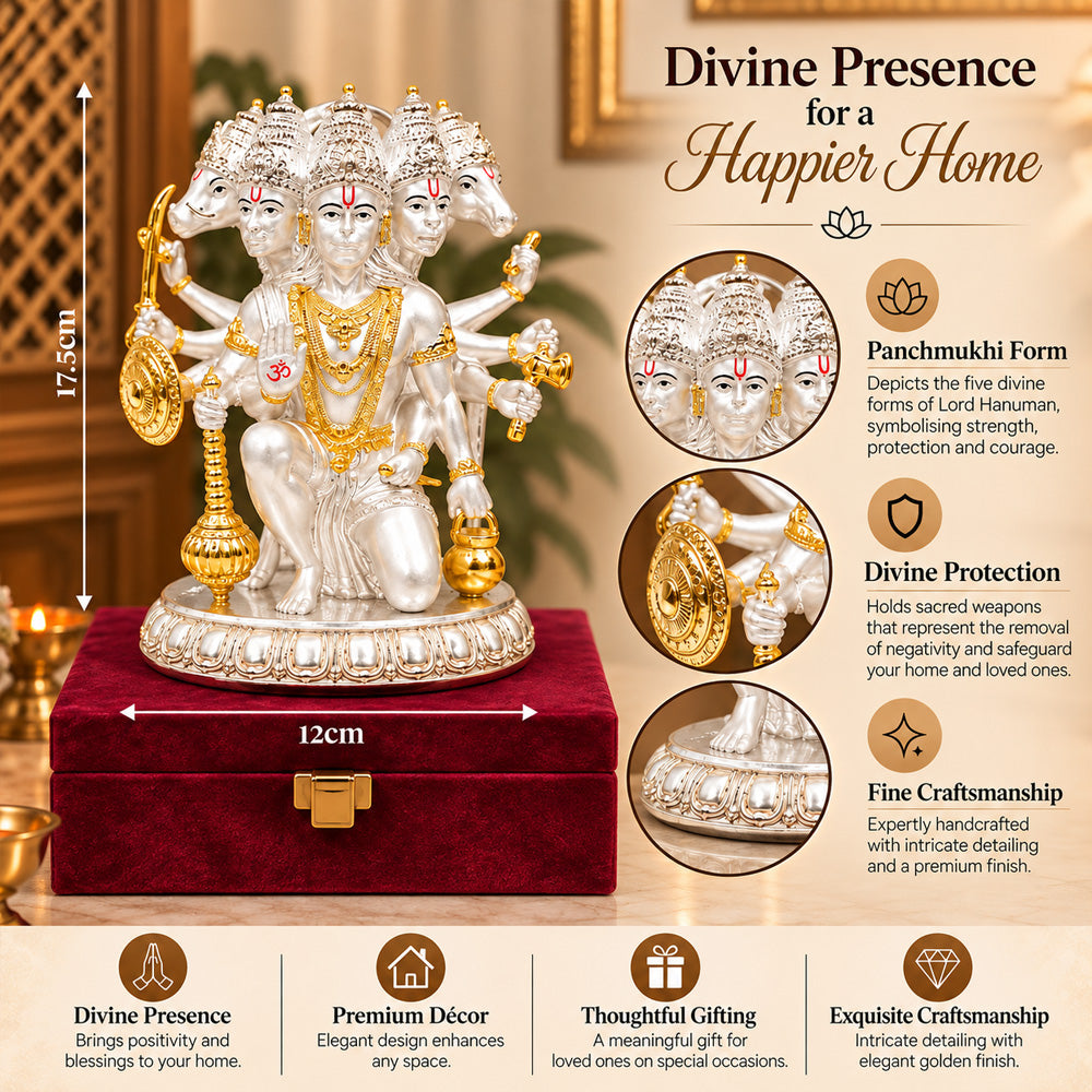 999 Silver-Plated Dual-Tone Panchmukhi Hanuman Idol | Premium Gift Box | 17.5x12 CM