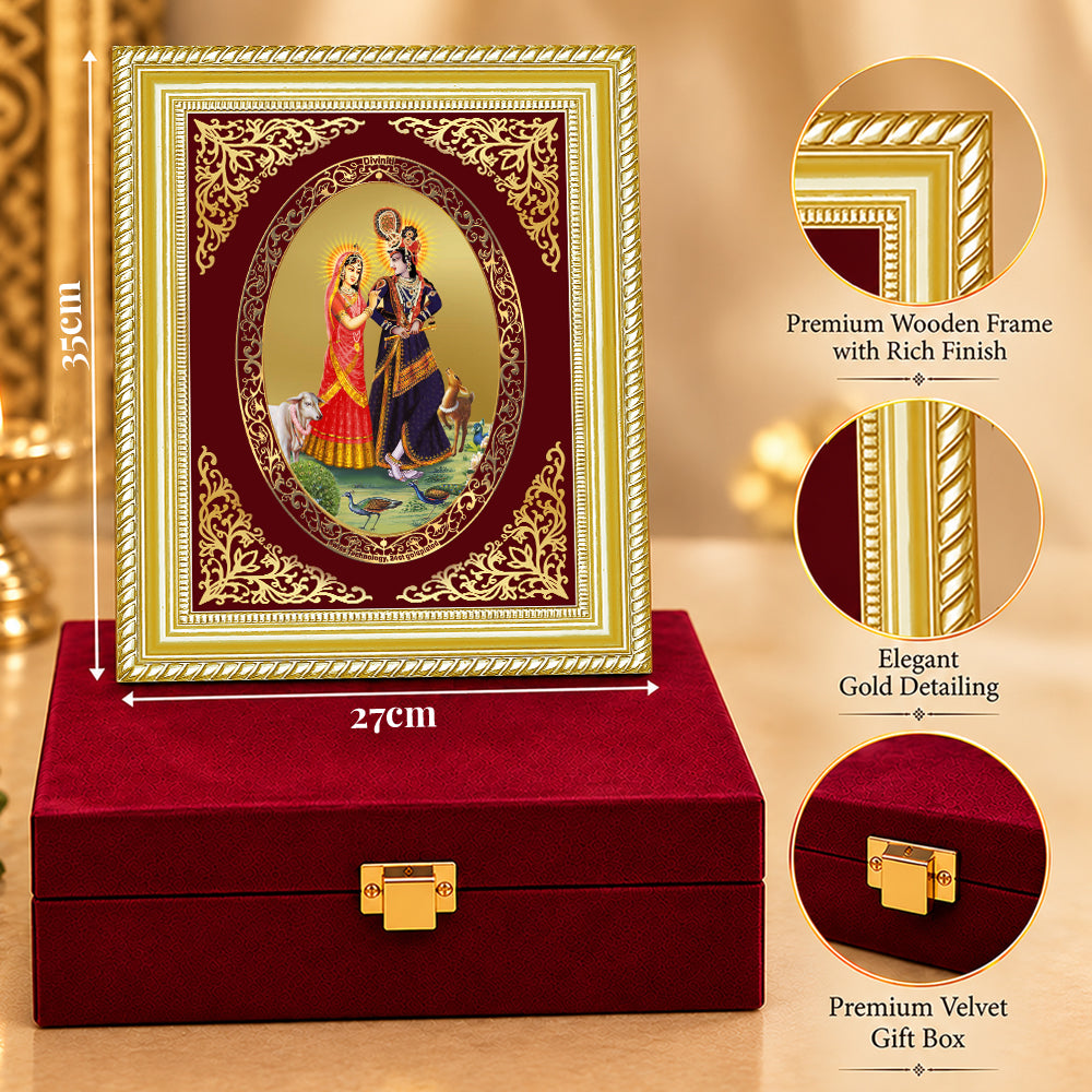 24K Gold-Plated Radha Krishna with Cow Frame | Premium Gift Box | 35x27 CM